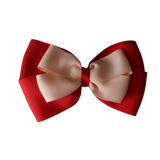 School uniform hair accessories Double Cherish Bow 11cm non Slip Hair Clip Hair Tie - Red Base & Centre Ribbon - Pinkberry Kisses Red Peach 