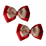 School uniform hair accessories Double Cherish Bow Non Slip Hair Clip Hair Bow Hair Tie - Red Base & Centre Ribbon - Pinkberry Kisses  Red Peach Pair 