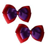 School uniform hair accessories Double Cherish Bow 11cm non Slip Hair Clip Hair Tie - Red Base & Centre Ribbon - Pinkberry Kisses Red Purple Pair 
