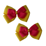 School uniform hair accessories Double Cherish Bow Non Slip Hair Clip Hair Bow Hair Tie - Daffodil Yellow Base & Centre Ribbon 11cm Pinkberry Kisses Daffodil Yellow Shocking Pink Pair 