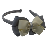 School Woven Double Cherish Bow Headband School Uniform Headband Hair Accessories Pinkberry Kisses Light Grey cream 