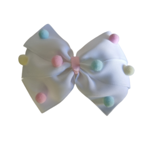 Sweetheart Hair Bow - White with pastel Mixed Pom Poms Large Bow Non Slip Hair Clip Hair Accessories Baby and Toddler Pinkberry Kisses